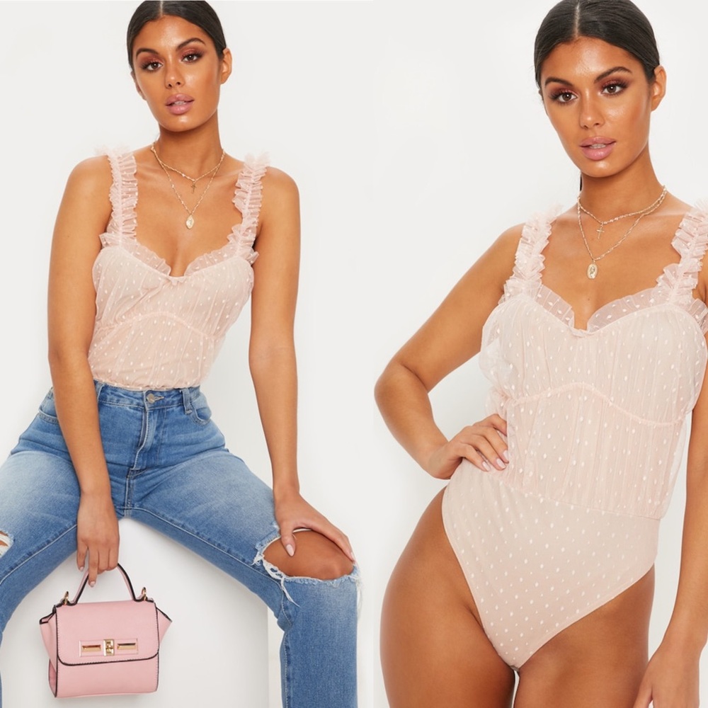 PRETTYLITTLETHING | Blush Mesh Frill Bodysuit 4
